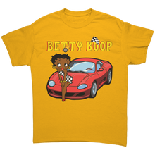 Load image into Gallery viewer, Betty_Boop_Shirt_Drag_Racing_Shirt_Car_Gold_Front_Mockup.png