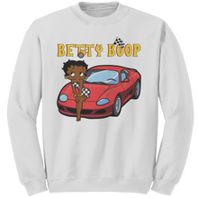 Load image into Gallery viewer, Betty_Boop_Sweatshirt_Drag_Racing_Shirt_White_Mockup.png
