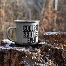 Load image into Gallery viewer, Coolest_Brother_Ever_Enamel_Mug_Camping_CampingMugLifestyleStump2_Mockup.png_15739548