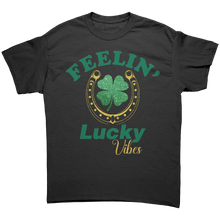 Load image into Gallery viewer, Feeling_Lucky_Vibes_Shirt_St_Patricks_D_Black_Front_Mockup.png
