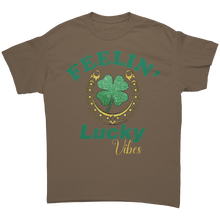 Load image into Gallery viewer, Feeling_Lucky_Vibes_Shirt_St_Patricks_D_Brown_Savana_Front_Mockup.png