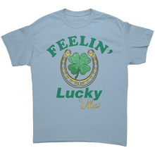 Load image into Gallery viewer, Feeling_Lucky_Vibes_Shirt_St_Patricks_D_Light_Blue_Front_Mockup.png