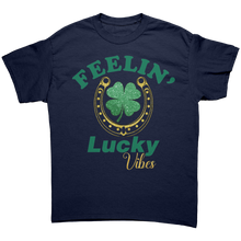 Load image into Gallery viewer, Feeling_Lucky_Vibes_Shirt_St_Patricks_D_Navy_Front_Mockup.png