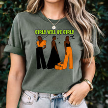 Load image into Gallery viewer, Girls Will Be Girls Shirt, Fashion Black Girl Halloween Shirt, Vintage Halloween Women Shirt, Spooky Season Shirt, Black Girl Halloween Gift