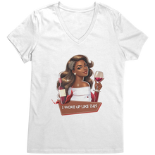 Load image into Gallery viewer, I_Woke_Up_Like_This_Vneck_Shirt_Woke_Up_Bright_White_Mockup.png