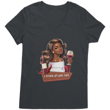 Load image into Gallery viewer, I_Woke_Up_Like_This_Vneck_Shirt_Woke_Up_Charcoal_Mockup.png