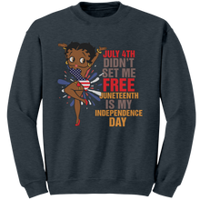 Load image into Gallery viewer, Juneteenth_Freedom_Sweatshirt_Black_Gir_Dark_Heather_Mockup.png