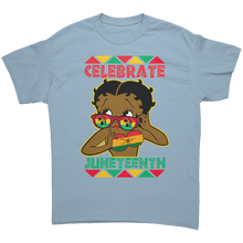 Load image into Gallery viewer, Juneteenth_Shirt_Betty_Boop_Shirt_Cele_Light_Blue_Front_Mockup.png