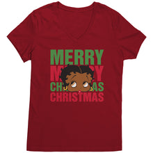 Load image into Gallery viewer, Merry Christmas Vneck Shirt Betty Boop Shirt Betty Boop Christmas Tshirt Christmas Gifts for Her Black Betty Boop Womens V-Neck Graphic Tee