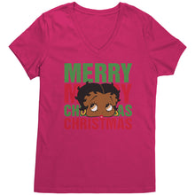 Load image into Gallery viewer, Merry Christmas Vneck Shirt Betty Boop Shirt Betty Boop Christmas Tshirt Christmas Gifts for Her Black Betty Boop Womens V-Neck Graphic Tee
