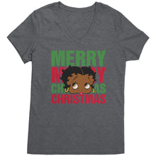 Load image into Gallery viewer, Merry Christmas Vneck Shirt Betty Boop Shirt Betty Boop Christmas Tshirt Christmas Gifts for Her Black Betty Boop Womens V-Neck Graphic Tee