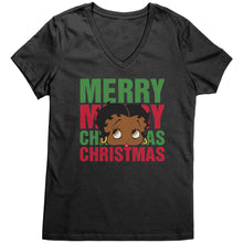 Load image into Gallery viewer, Merry Christmas Vneck Shirt Betty Boop Shirt Betty Boop Christmas Tshirt Christmas Gifts for Her Black Betty Boop Womens V-Neck Graphic Tee