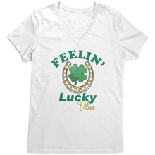 Load image into Gallery viewer, St_Patricks_Day_Vneck_Clover_Leaf_Shirt_Bright_White_Mockup.png