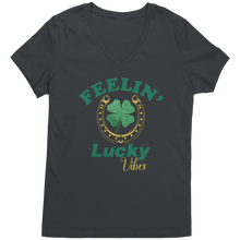 Load image into Gallery viewer, St_Patricks_Day_Vneck_Clover_Leaf_Shirt_Charcoal_Mockup.png