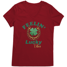 Load image into Gallery viewer, St_Patricks_Day_Vneck_Clover_Leaf_Shirt_Classic_Red_Mockup.png