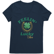 Load image into Gallery viewer, St_Patricks_Day_Vneck_Clover_Leaf_Shirt_New_Navy_Mockup.png