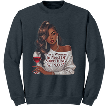 Load image into Gallery viewer, Woman_In_Need_Of_Something_Sweatshirt_V_Dark_Heather_Mockup.png
