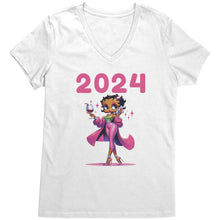 Load image into Gallery viewer, Betty Boop 2024 Pink with Wine and Phone V-Neck T-Shirt
