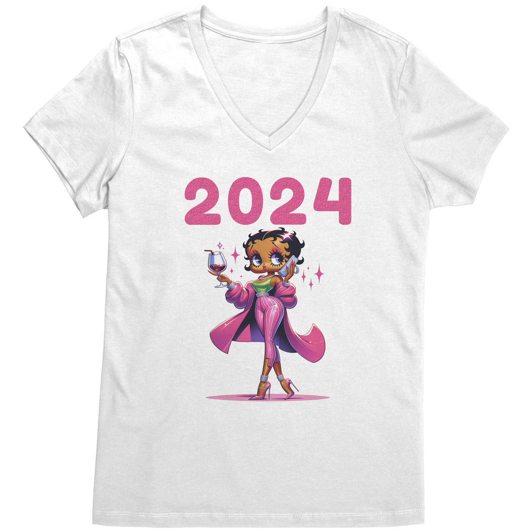Betty Boop 2024 Pink with Wine and Phone V-Neck T-Shirt