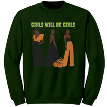 Load image into Gallery viewer, Girls Will Be Girls Sweatshirt, Fashion Black Girl Halloween Sweatshirt, Vintage Halloween Women Sweatshirt, Spooky Season, Halloween Gift
