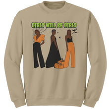 Load image into Gallery viewer, Girls Will Be Girls Sweatshirt, Fashion Black Girl Halloween Sweatshirt, Vintage Halloween Women Sweatshirt, Spooky Season, Halloween Gift

