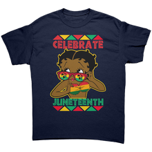 Load image into Gallery viewer, Juneteenth_Shirt_Betty_Boop_Shirt_Cele_Navy_Front_Mockup.png

