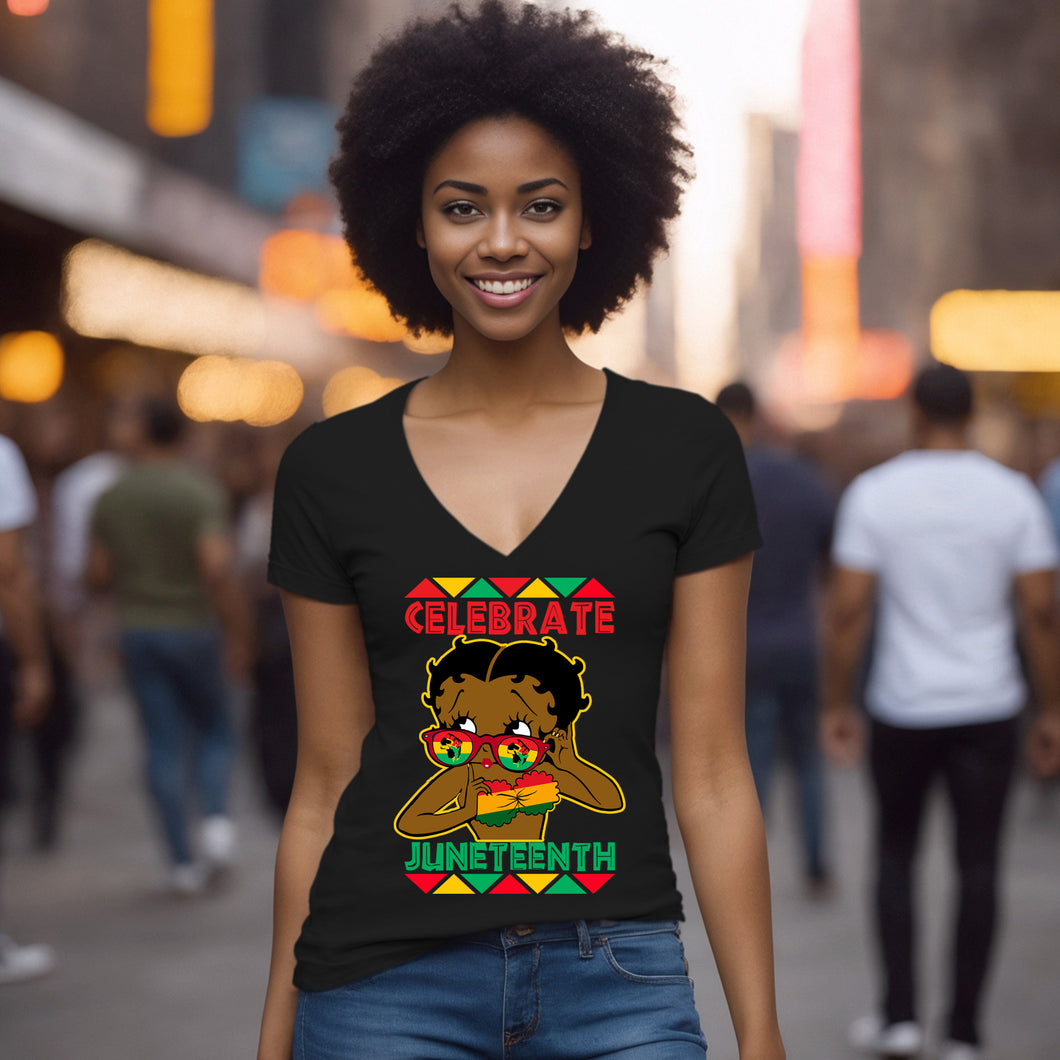 Juneteenth Shirt, Betty Boop V-Neck T-Shirt, Celebrate Juneteenth Graphic Shirt Gift, Black Queen Women Empowerment Clothing, Freedom Shirt