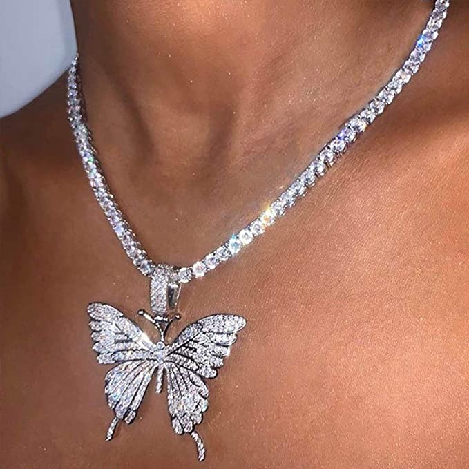 Butterfly Rhinestone Necklace | Silver Pendant Choker | Crystal Jewelry | Gifts for Her