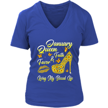 Load image into Gallery viewer, January Birthday Queen | Faith and Favor | Gifts for Her | V-Neck T-Shirt
