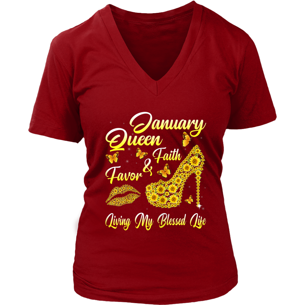 January Birthday Queen | Faith and Favor | Gifts for Her | V-Neck T-Shirt